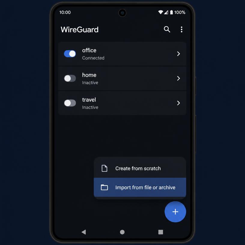 WireGuard for Android showing the plus button and the Import from file or archive menu option